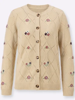 Ajourstrickjacke mit Blütenstickereien