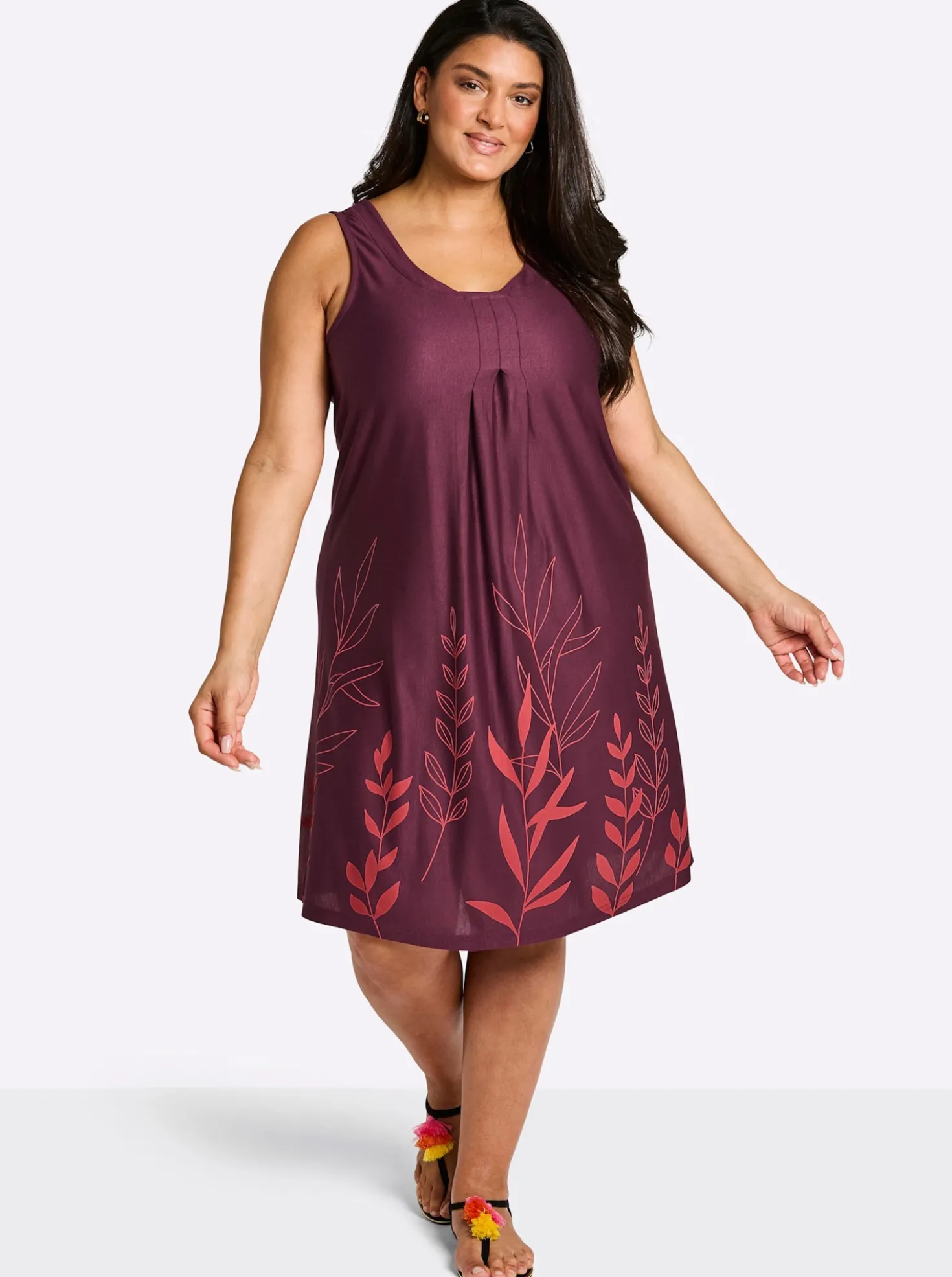 A-Linien-Kleid mit Blätterprint am Saum