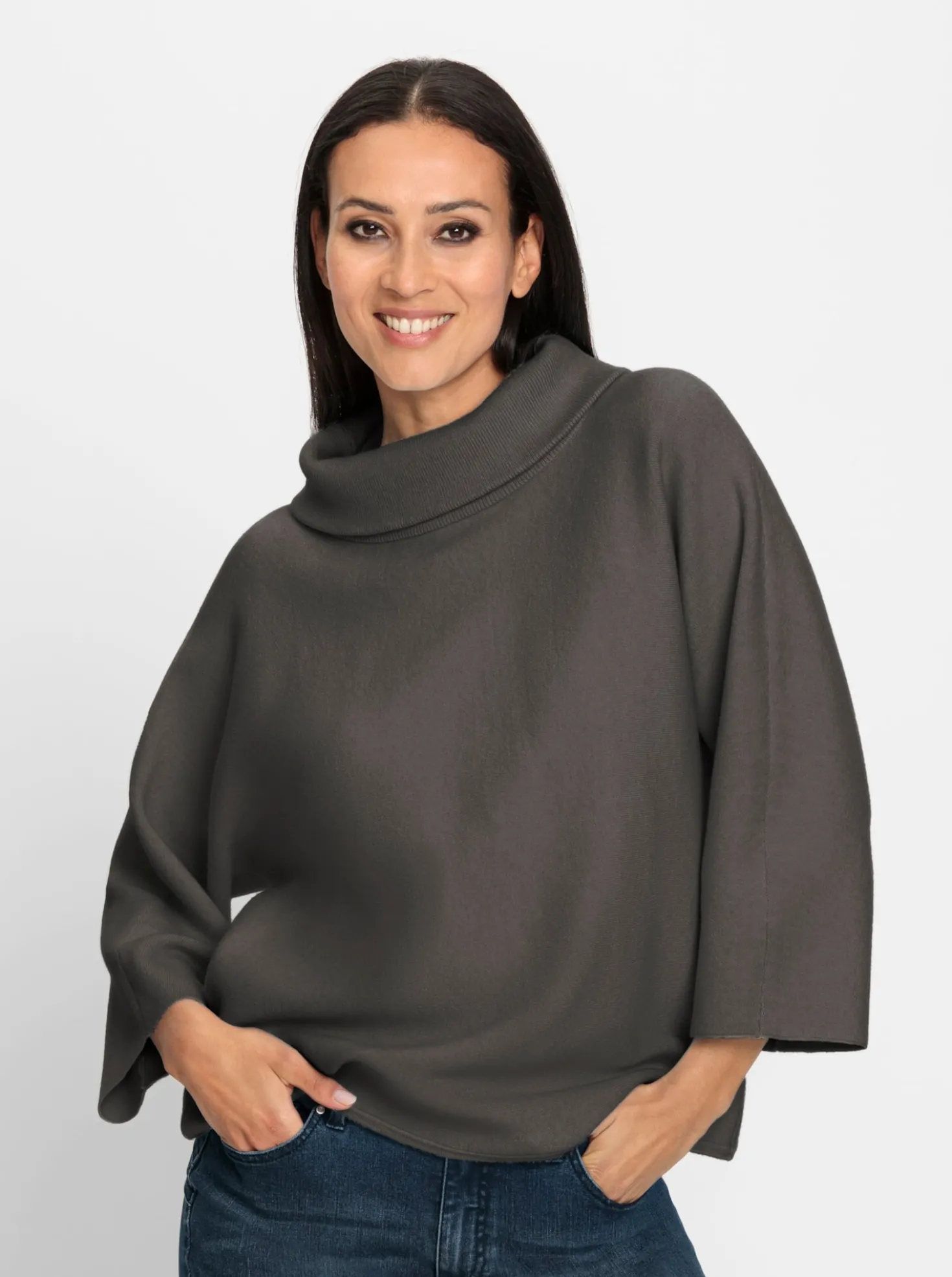 3/4-Arm-Pullover mit halsfernem Rollkragen