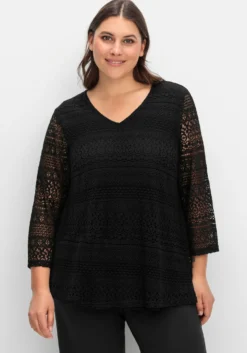 3/4-Arm-Shirt aus elastischer Spitze, gefüttert