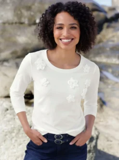 3/4-Arm-Shirt mit Blüten-Applikationen