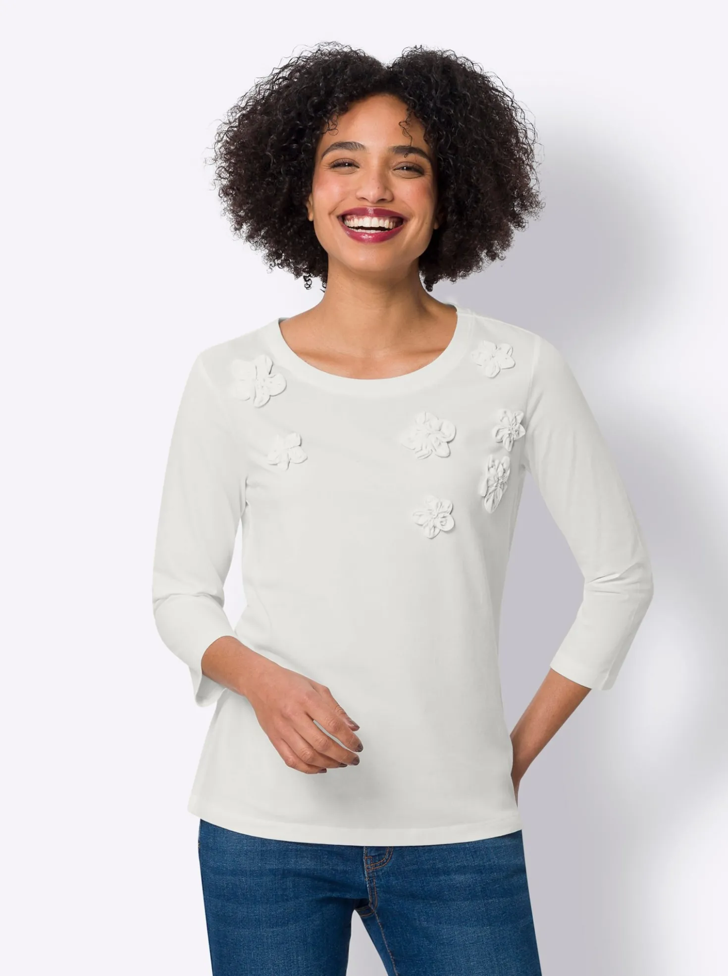 3/4-Arm-Shirt mit Blüten-Applikationen
