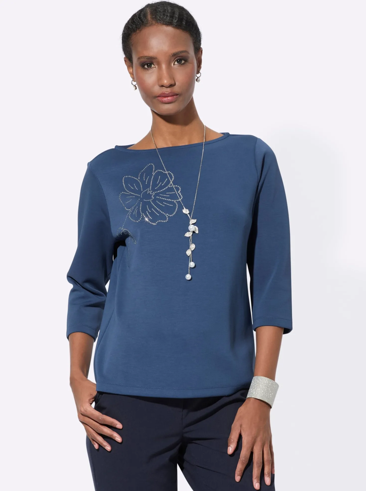 3/4-Arm-Shirt mit Blumen-Applikation