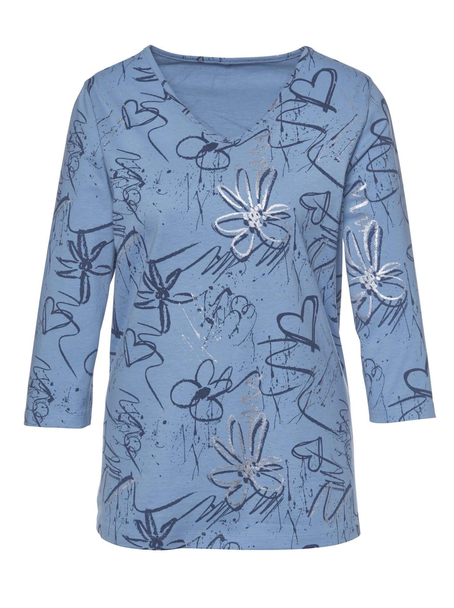 3/4-Arm-Shirt mit Herzen und Blüten verziert