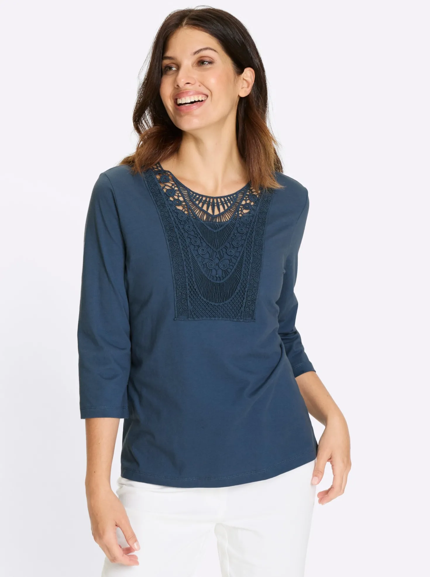 3/4-Arm-Shirt mit Spitze am Ausschnitt