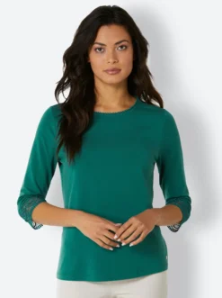 3/4-Arm-Shirt mit Spitzenbordüre an Ausschnitt und Ärmeln