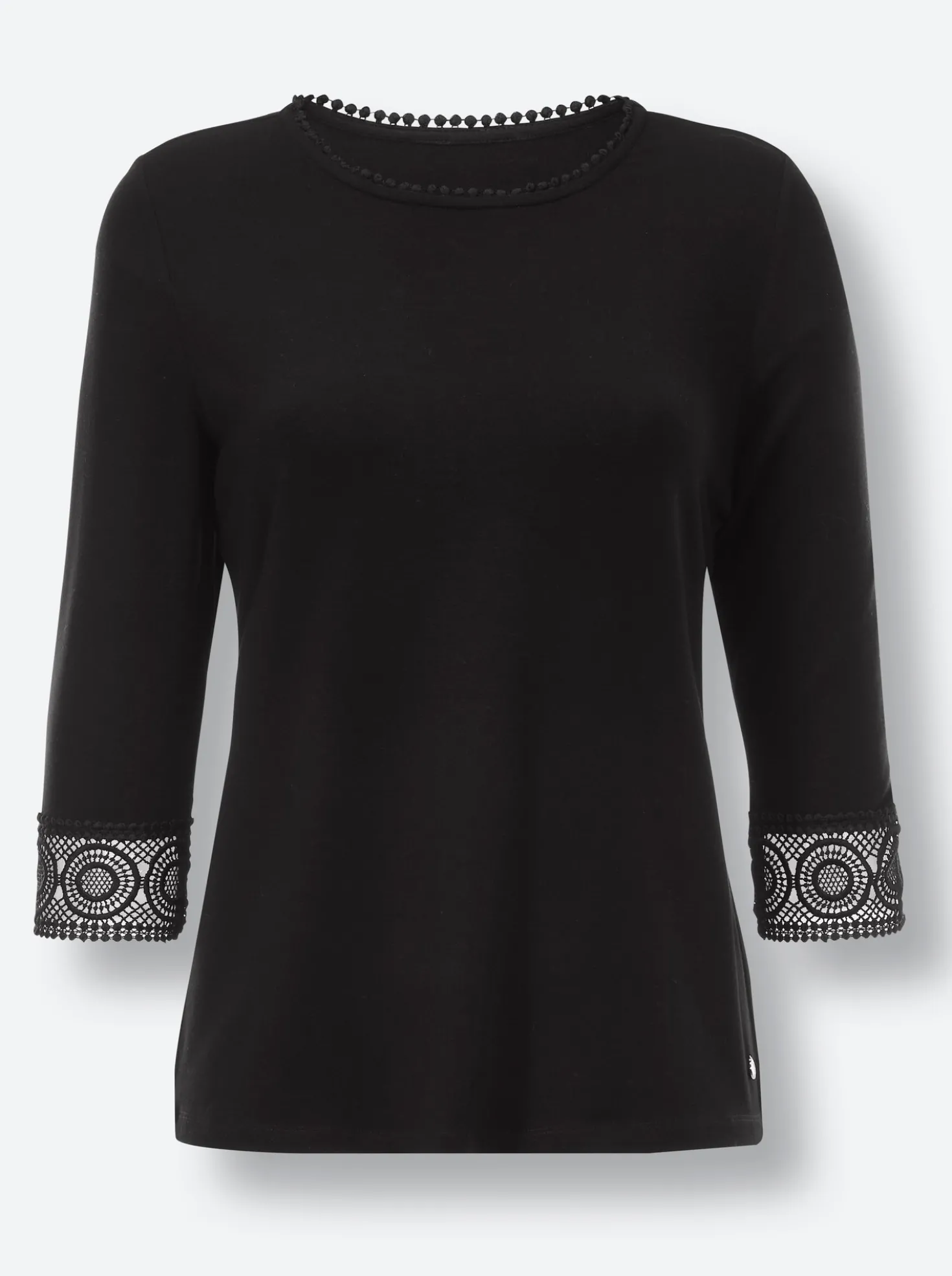 3/4-Arm-Shirt mit Spitzenbordüre an Ausschnitt und Ärmeln
