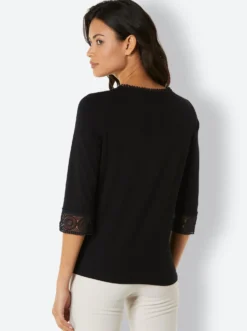 3/4-Arm-Shirt mit Spitzenbordüre an Ausschnitt und Ärmeln