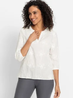 Baumwollbluse mit 3D-Blütenstickerei