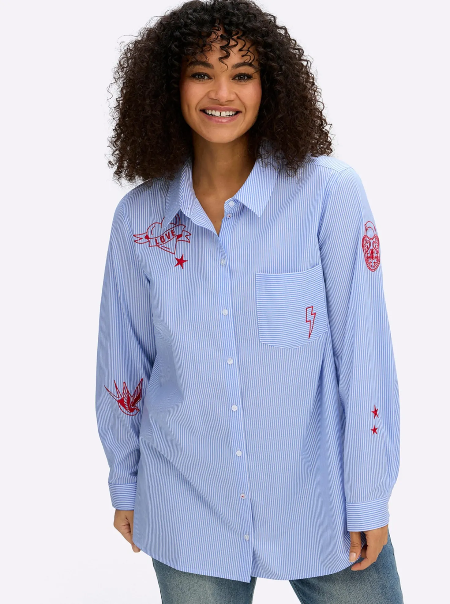 Baumwollbluse mit Streifen und Stickerei