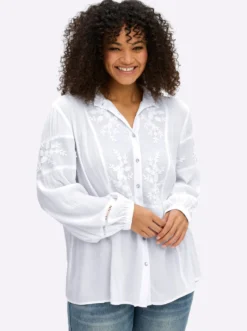 Bluse mit Stehkragen und Blüten-Stickereien