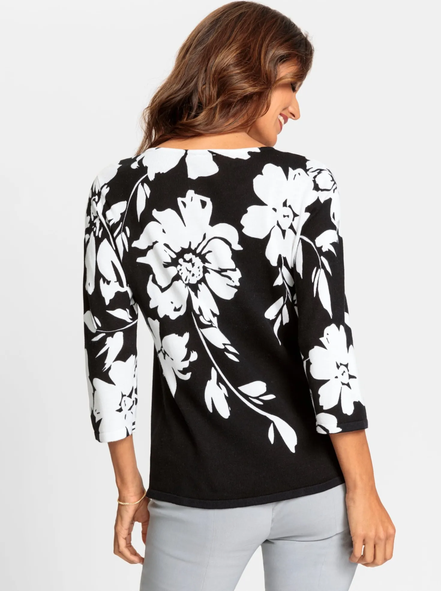Feinstrickpullover mit platziertem Blüten-Druck
