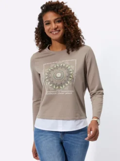 2-in-1-Langarmshirt mit Blusenstoff-Saum