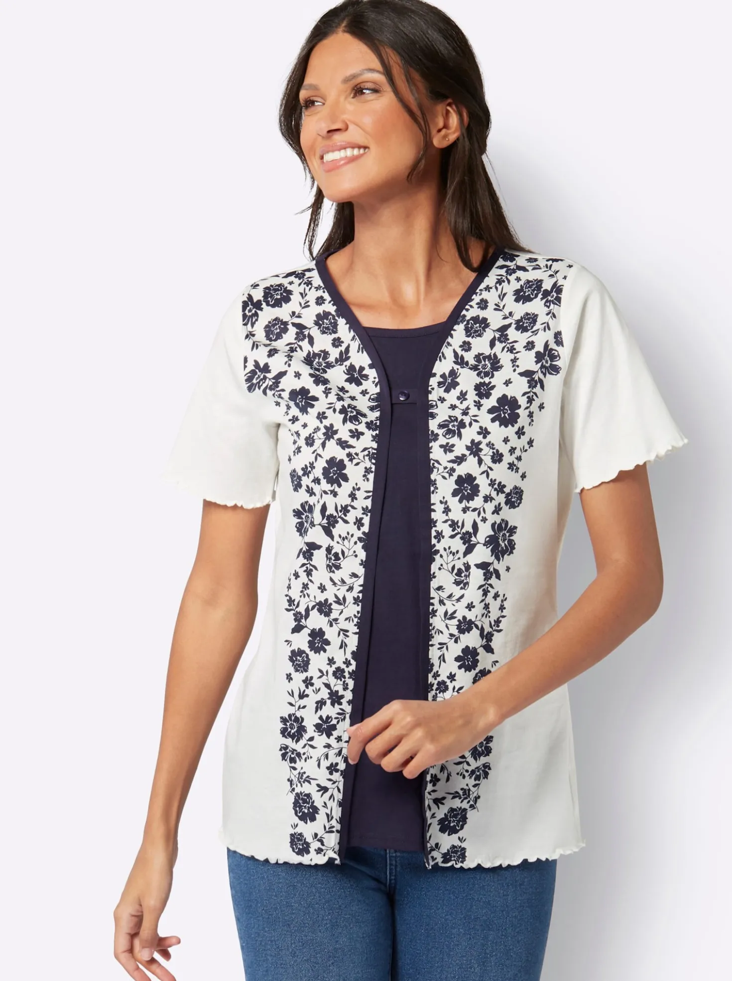 2-in-1-Shirt mit eingenähtem Top, bedruckt