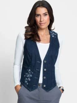 Jeansweste mit Blütenstickerei
