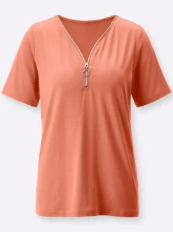 Kurzarmshirt mit Reißverschluss am V-Ausschnitt