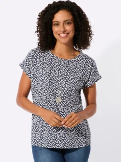 Print-Shirt mit paspeliertem Ausschnitt