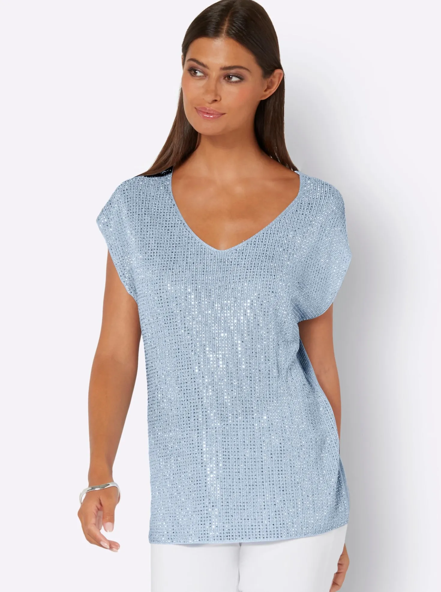 V-Ausschnitt-Pullover mit Glitzersteinchen