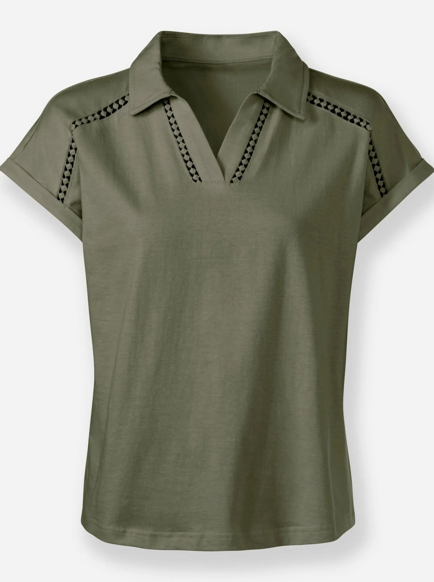 V-Shirt mit transparentem Spitzenband an der Schulter