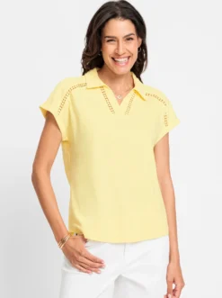 V-Shirt mit transparentem Spitzenband an der Schulter