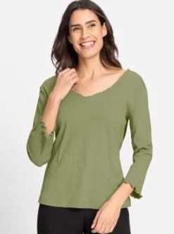 V-Shirt mit Wellensaum an Ausschnitt und Ärmel