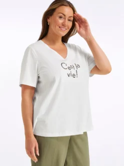 V-Shirt mit Wordingprint und Pailletten