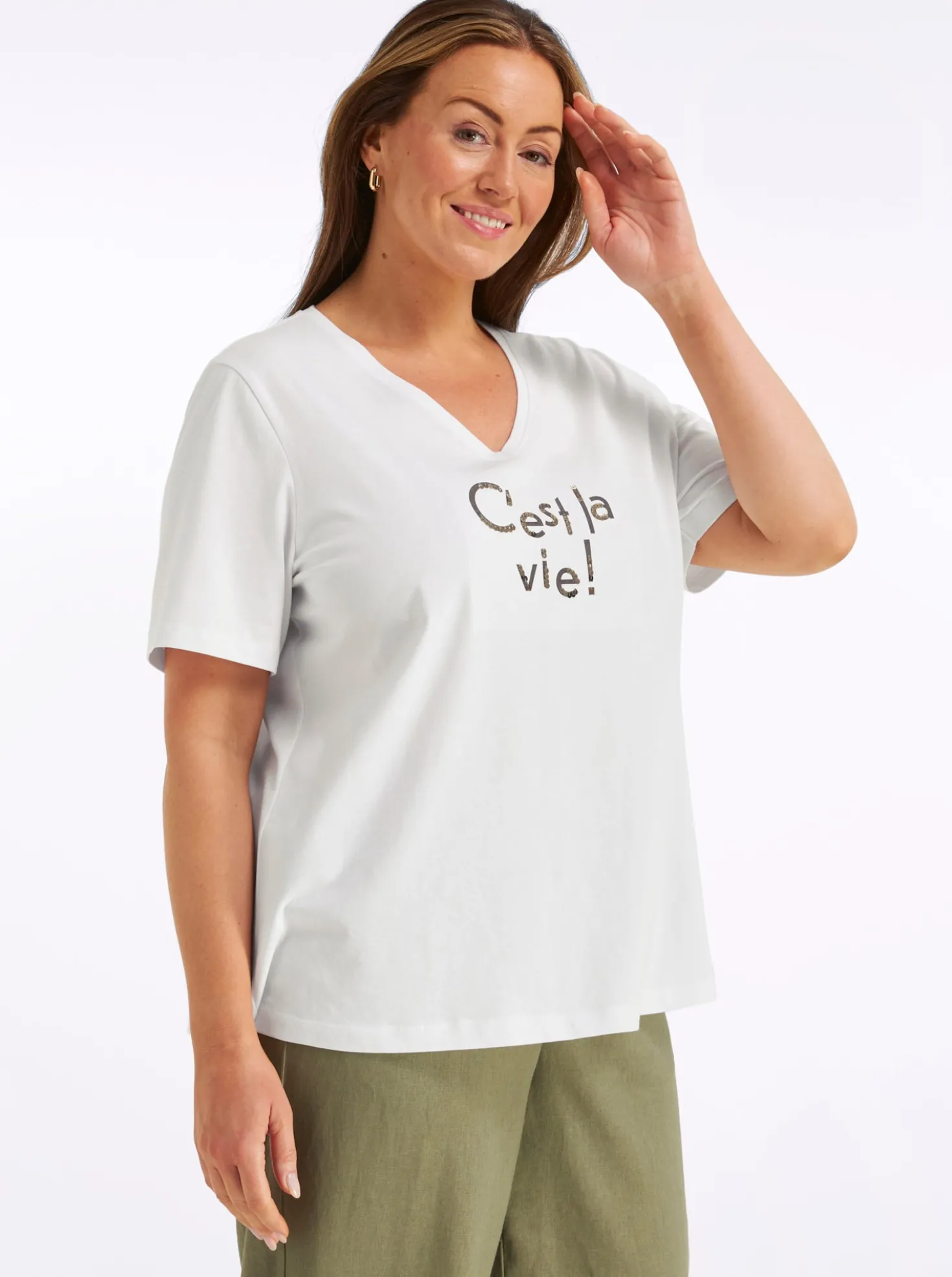 V-Shirt mit Wordingprint und Pailletten