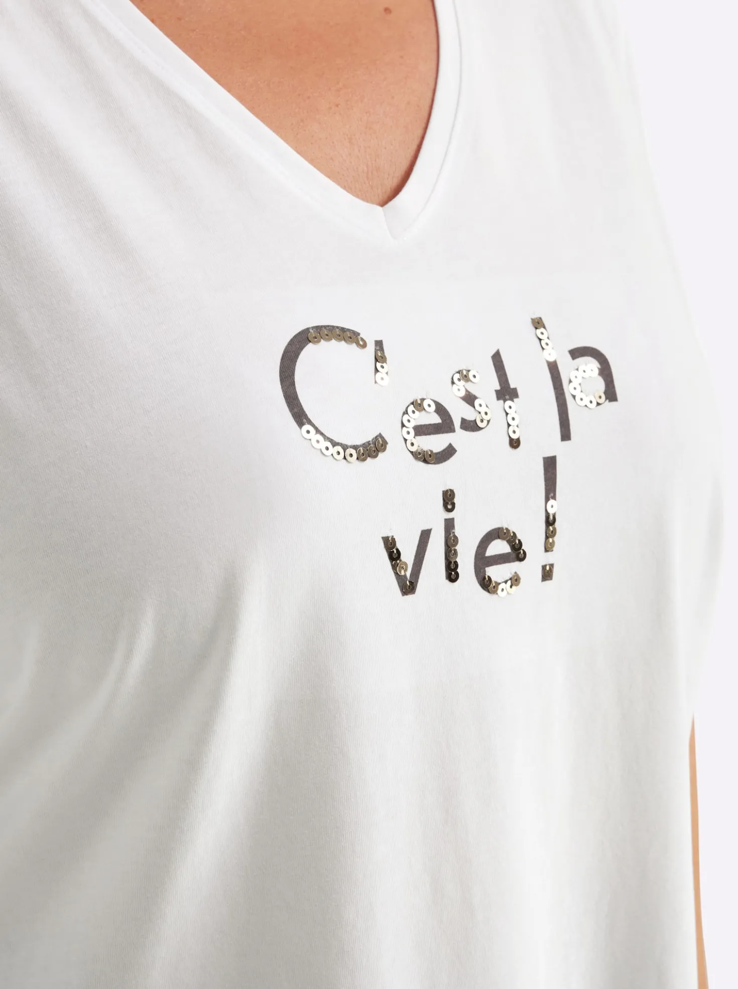 V-Shirt mit Wordingprint und Pailletten