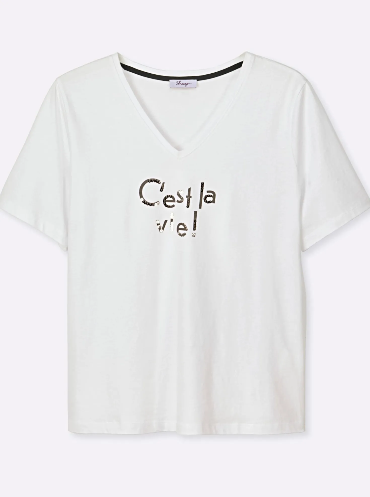 V-Shirt mit Wordingprint und Pailletten